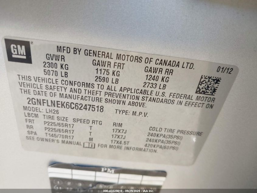 2012 Chevrolet Equinox 2Lt VIN: 2GNFLNEK6C6247518 Lot: 43325618