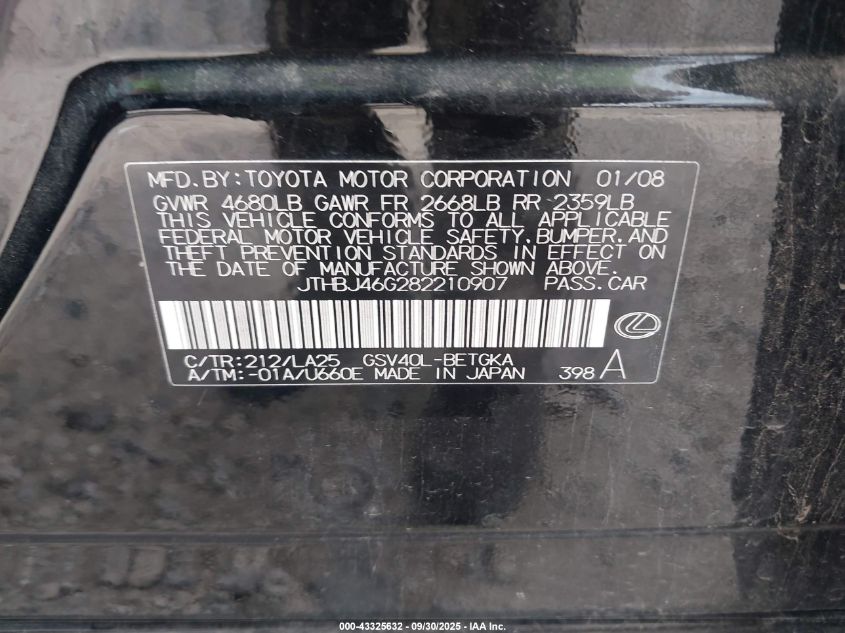 2008 Lexus Es 350 VIN: JTHBJ46G282210907 Lot: 43325632