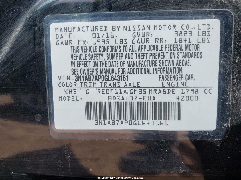 2016 Nissan Sentra Fe+ S/S/Sl/Sr/Sv VIN: 3N1AB7AP0GL643161 Lot: 43325642