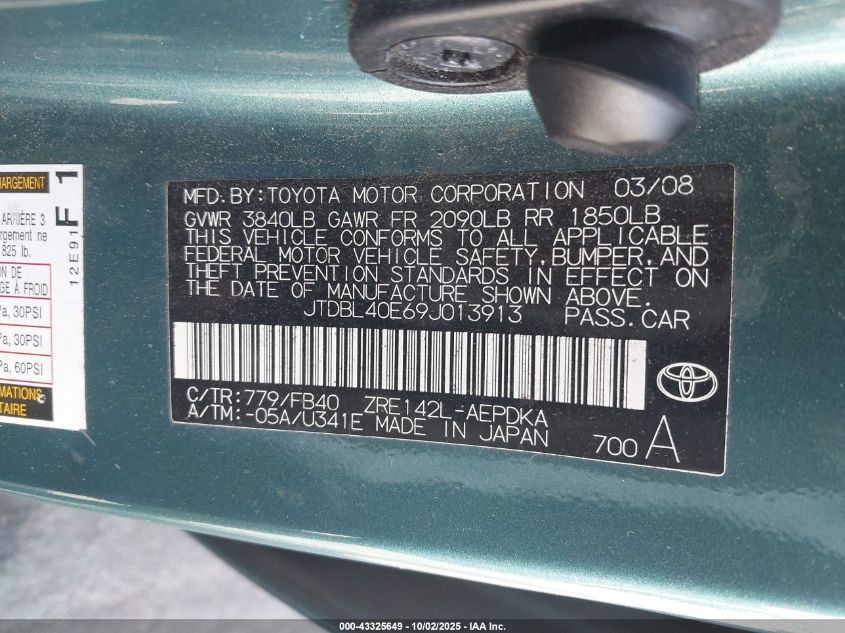 2009 Toyota Corolla Le VIN: JTDBL40E69J013913 Lot: 43325649