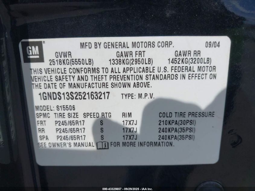 2005 Chevrolet Trailblazer Ls VIN: 1GNDS13S252163217 Lot: 43325657