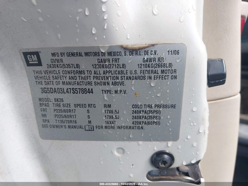 2007 Buick Rendezvous Cxl VIN: 3G5DA03L47S578844 Lot: 43325660