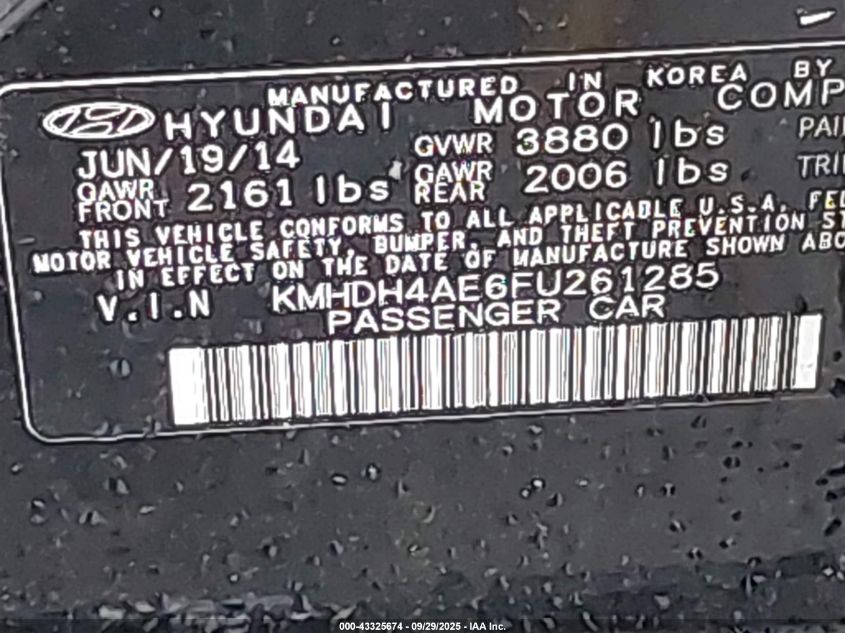 2015 Hyundai Elantra Se VIN: KMHDH4AE6FU261285 Lot: 43325674