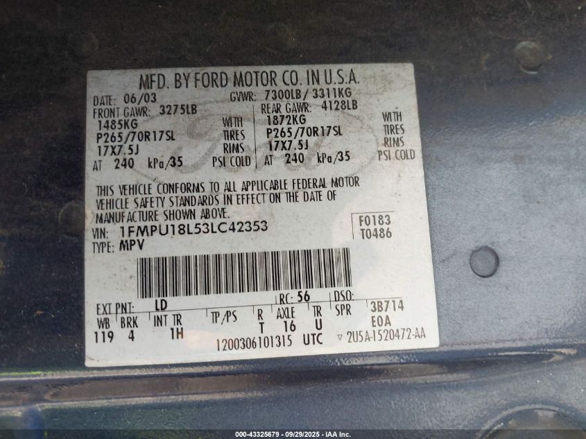 2003 Ford Expedition Eddie Bauer VIN: 1FMPU18L53LC42353 Lot: 43325679