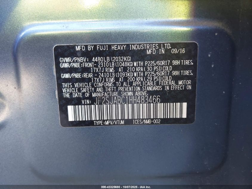 2017 Subaru Forester 2.5I VIN: JF2SJABC1HH483466 Lot: 43325680