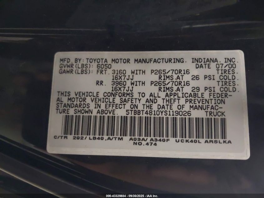 2000 Toyota Tundra Ltd V8 VIN: 5TBBT4810YS119026 Lot: 43325684