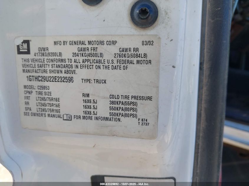 2002 GMC Sierra 2500Hd Sle VIN: 1GTHC29U22E232598 Lot: 43325692