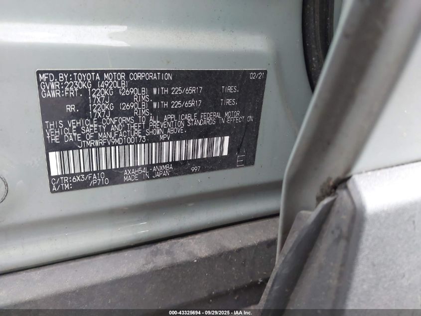 2021 Toyota Rav4 Hybrid Xle VIN: JTMRWRFV9MD100173 Lot: 43325694