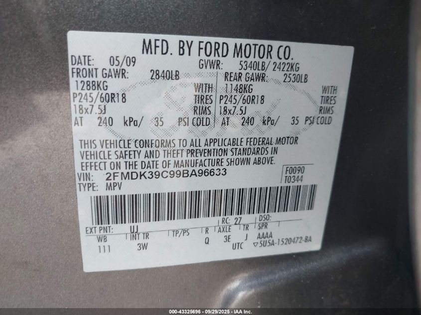 2009 Ford Edge Limited VIN: 2FMDK39C99BA96633 Lot: 43325696