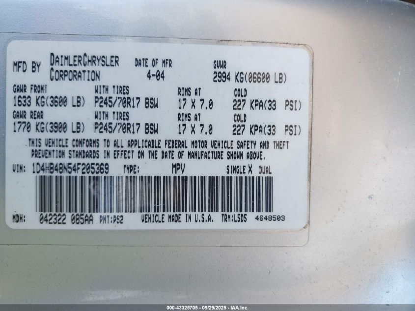 2004 Dodge Durango Slt VIN: 1D4HB48N54F205369 Lot: 43325705