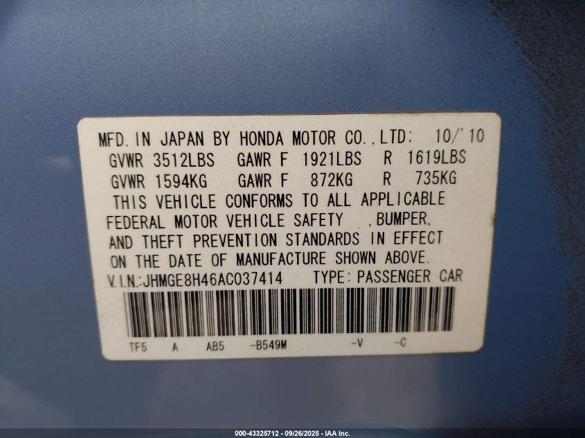 2010 Honda Fit Sport VIN: JHMGE8H46AC037414 Lot: 43325712