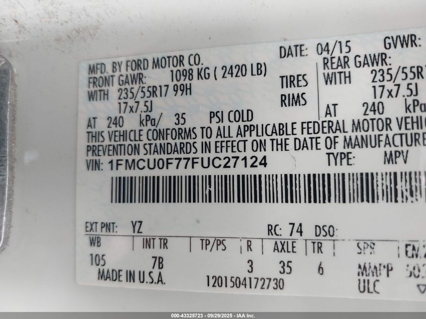 2015 Ford Escape S VIN: 1FMCU0F77FUC27124 Lot: 43325723