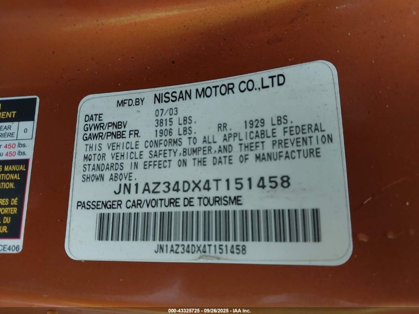 2004 Nissan 350Z VIN: JN1AZ34DX4T151458 Lot: 43325725