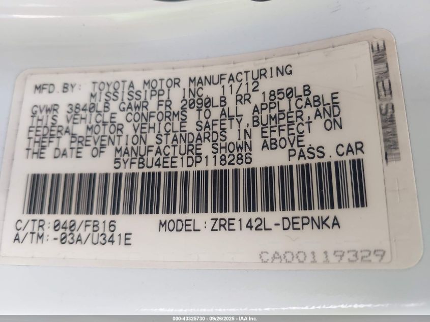 2013 Toyota Corolla Le VIN: 5YFBU4EE1DP118286 Lot: 43325730