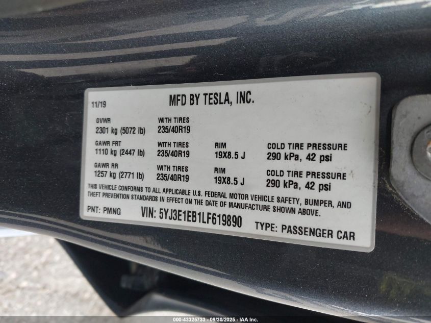 2020 Tesla Model 3 Long Range Dual Motor All-Wheel Drive VIN: 5YJ3E1EB1LF619890 Lot: 43325733