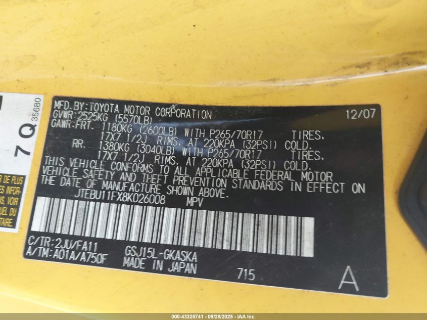 2008 Toyota Fj Cruiser VIN: JTEBU11FX8K026008 Lot: 43325741