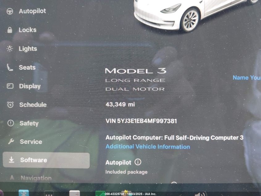 2021 Tesla Model 3 VIN: 5YJ3E1EB4MF997381 Lot: 43325748