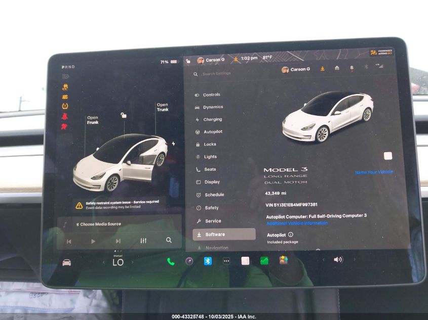 2021 Tesla Model 3 VIN: 5YJ3E1EB4MF997381 Lot: 43325748