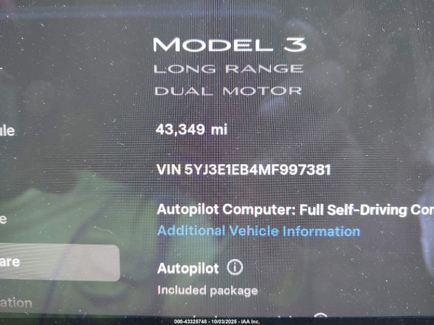 2021 Tesla Model 3 VIN: 5YJ3E1EB4MF997381 Lot: 43325748