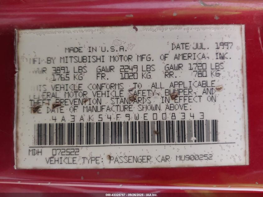 1998 Mitsubishi Eclipse Gs-T VIN: 4A3AK54F9WE008343 Lot: 43325757
