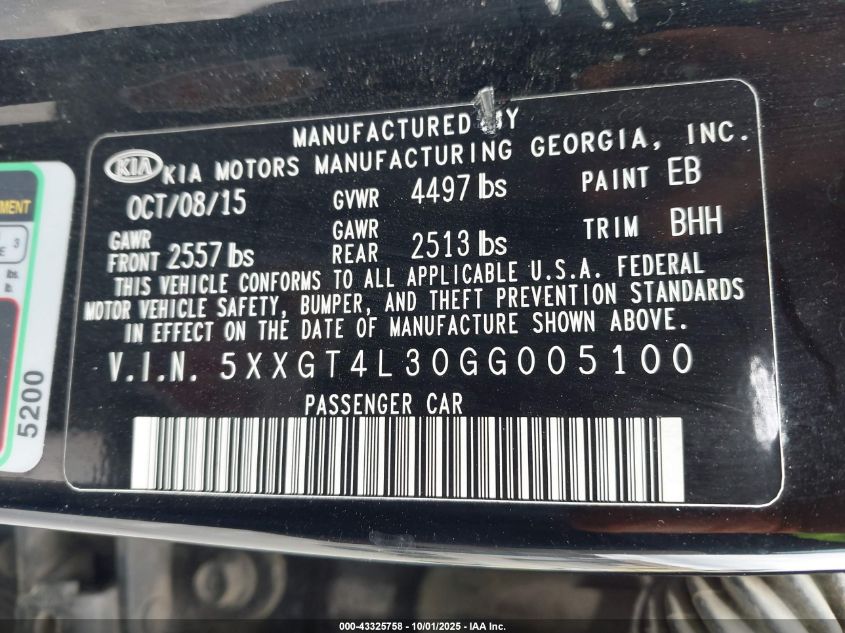 2016 Kia Optima Lx VIN: 5XXGT4L30GG005100 Lot: 43325758