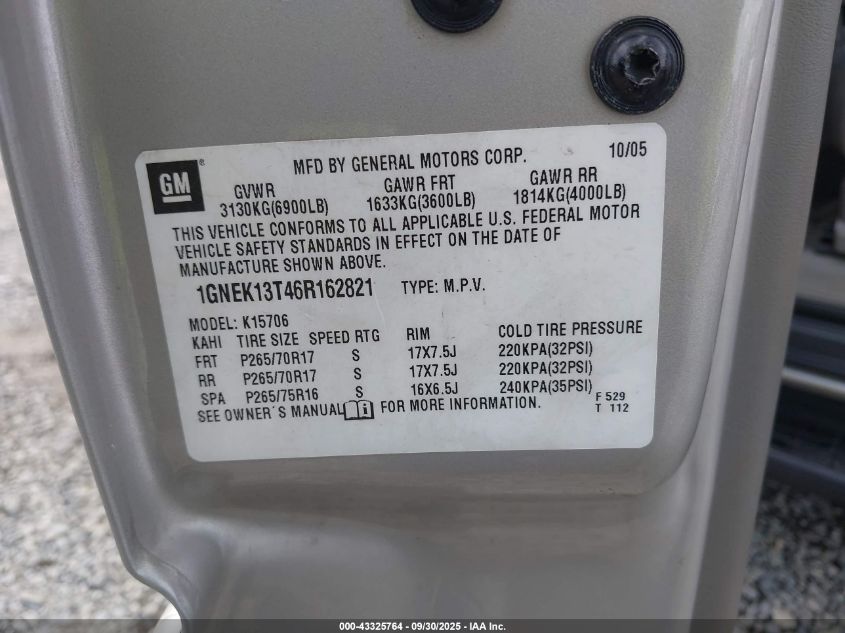 2006 Chevrolet Tahoe Lt VIN: 1GNEK13T46R162821 Lot: 43325764