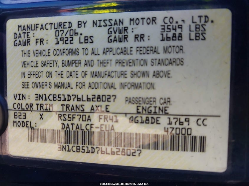 2006 Nissan Sentra 1.8 VIN: 3N1CB51D76L628027 Lot: 43325768