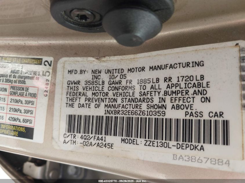 2006 Toyota Corolla Ce VIN: 1NXBR32E66Z610359 Lot: 43325770