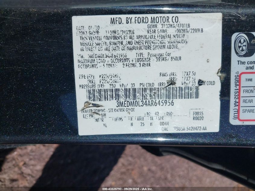 2010 Mercury Milan Hybrid VIN: 3MEDM0L34AR645956 Lot: 43325793
