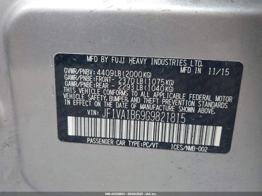 2016 Subaru Wrx VIN: JF1VA1B69G9821815 Lot: 43325803