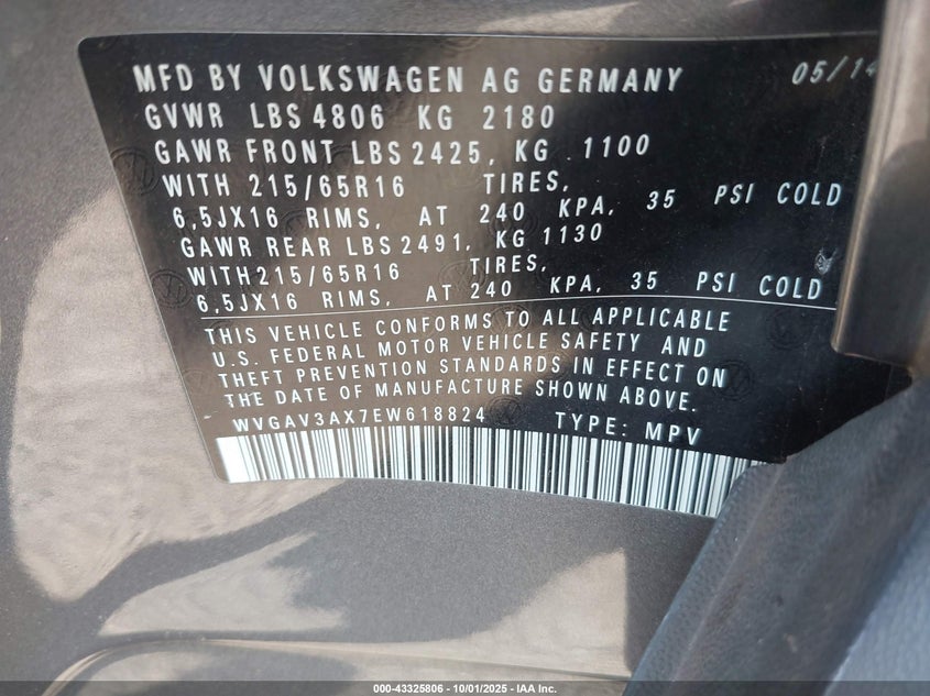 2014 VOLKSWAGEN TIGUAN S WVGAV3AX7EW618824