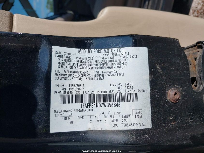 2007 Ford Focus S/Se/Ses VIN: 1FAFP34N07W356846 Lot: 43325809