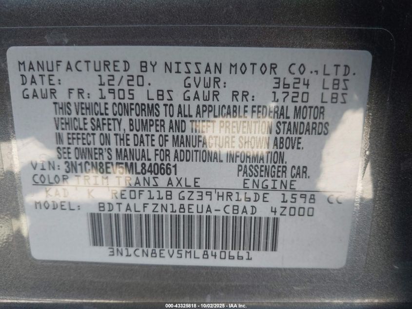 2021 Nissan Versa Sv Xtronic Cvt VIN: 3N1CN8EV5ML840661 Lot: 43325818