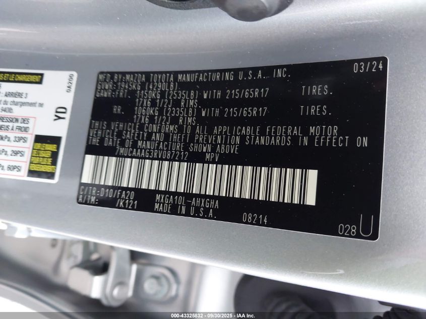 2024 Toyota Corolla Cross Le VIN: 7MUCAAAG3RV087212 Lot: 43325832