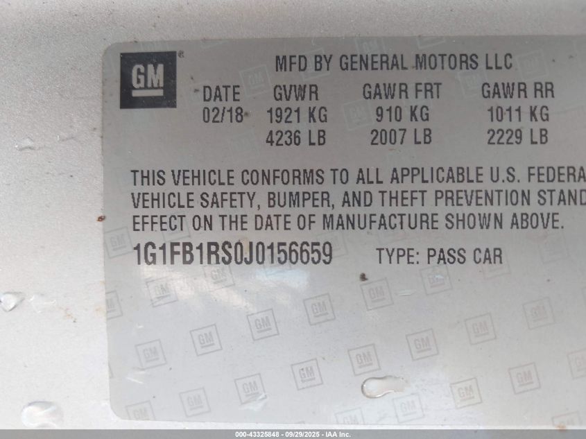 2018 Chevrolet Camaro 1Lt VIN: 1G1FB1RS0J0156659 Lot: 43325848