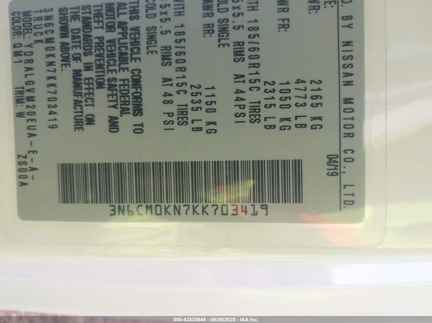 2019 NISSAN NV200 SV - 3N6CM0KN7KK703419