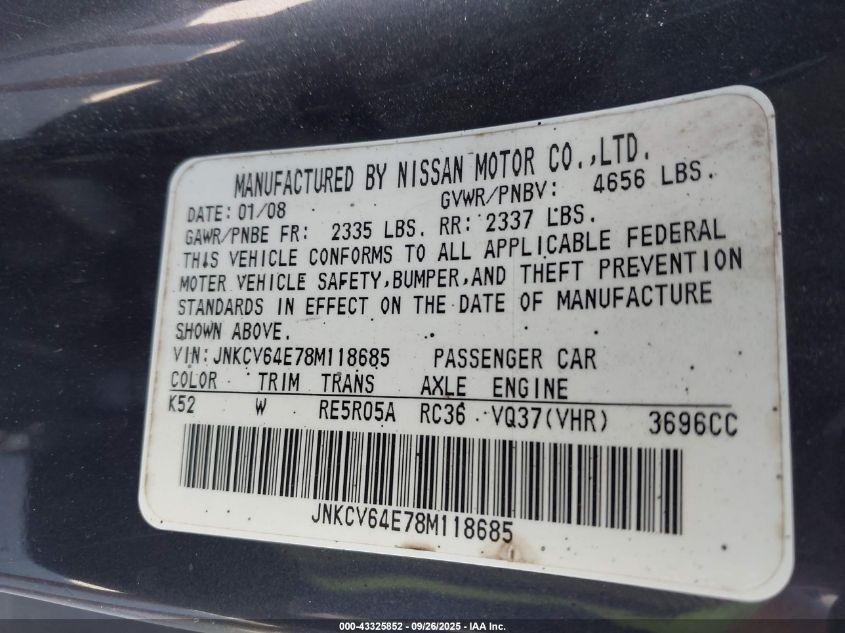2008 Infiniti G37 Journey VIN: JNKCV64E78M118685 Lot: 43325852
