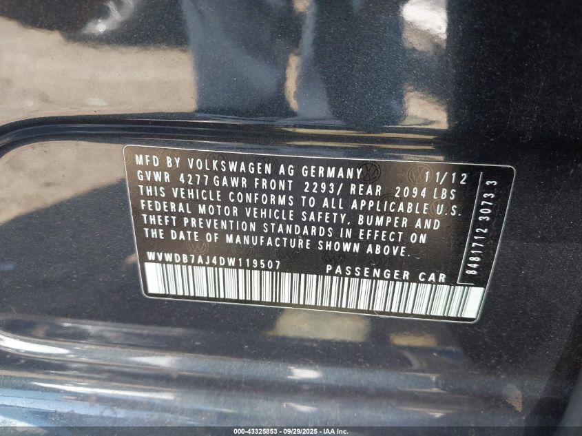 2013 Volkswagen Golf 2.5L 4-Door VIN: WVWDB7AJ4DW119507 Lot: 43325853