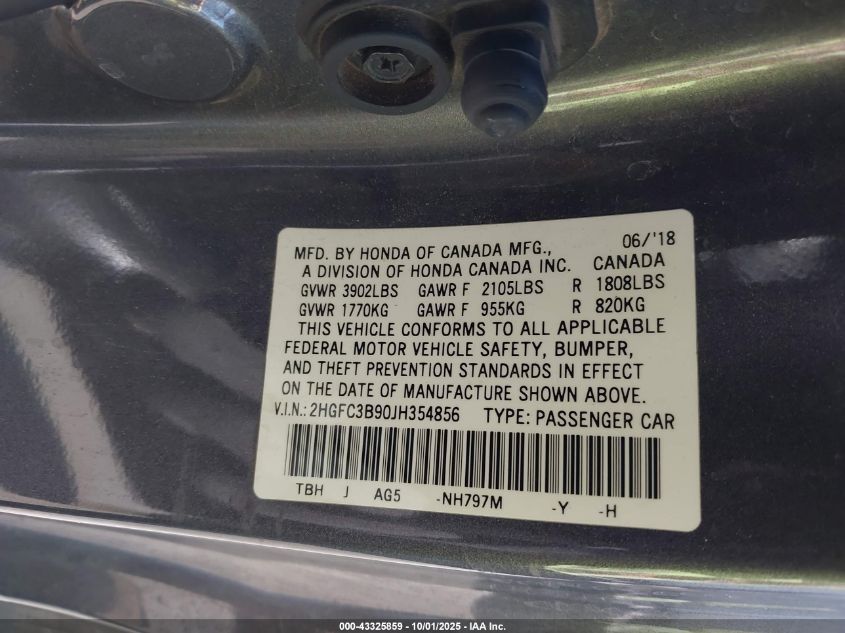 2018 Honda Civic Touring VIN: 2HGFC3B90JH354856 Lot: 43325859
