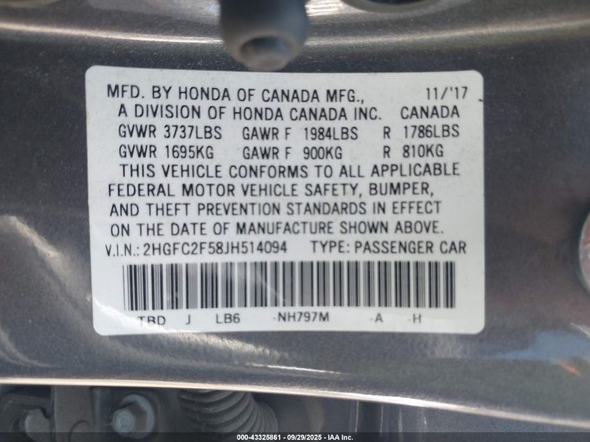 2018 Honda Civic Lx VIN: 2HGFC2F58JH514094 Lot: 43325861