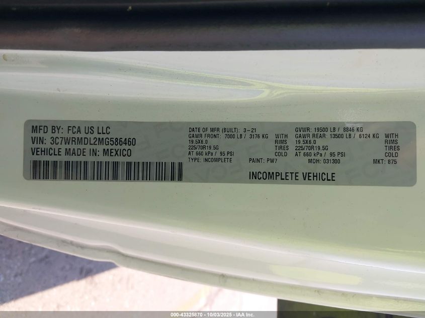 2021 Ram 5500 Chassis Tradesman/Slt VIN: 3C7WRMDL2MG586460 Lot: 43325870