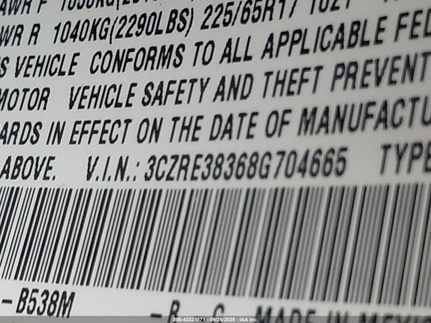 2008 Honda Cr-V Lx VIN: 3CZRE38368G704665 Lot: 43325871