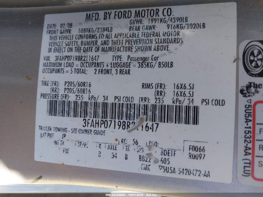 2008 Ford Fusion Se VIN: 3FAHP07198R211647 Lot: 43325880