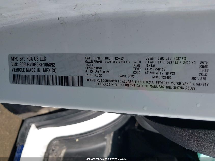 2024 Ram Promaster 2500 Tradesman High Roof 159 Wb W/Pass Seat VIN: 3C6LRVDG6RE106892 Lot: 43325884