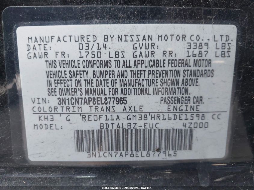 2014 Nissan Versa 1.6 Sv VIN: 3N1CN7AP8EL877965 Lot: 43325886