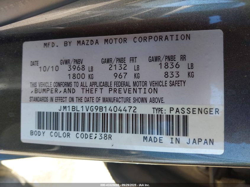 2011 Mazda Mazda3 I Touring VIN: JM1BL1VG9B1404472 Lot: 43325888