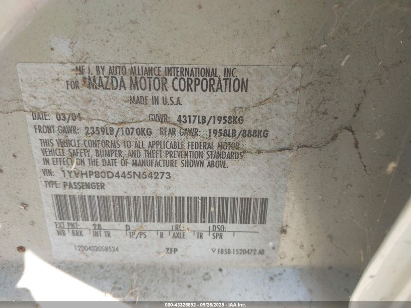 2004 Mazda Mazda6 S VIN: 1YVHP80D445N54273 Lot: 43325892
