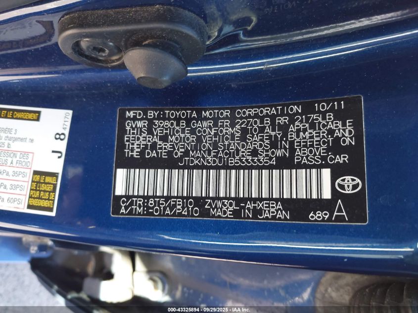 2011 Toyota Prius Five/Four/One/Three/Two VIN: JTDKN3DU1B5333354 Lot: 43325894