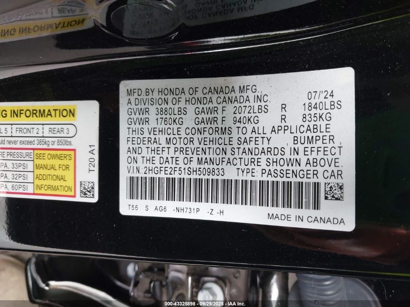 2025 Honda Civic Sport VIN: 2HGFE2F51SH509833 Lot: 43325898