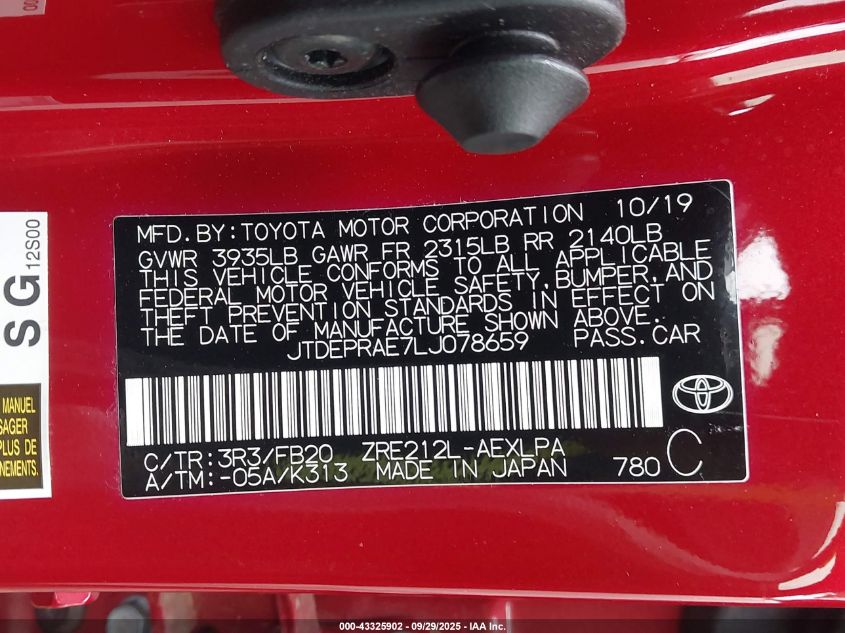 2020 Toyota Corolla Le VIN: JTDEPRAE7LJ078659 Lot: 43325902